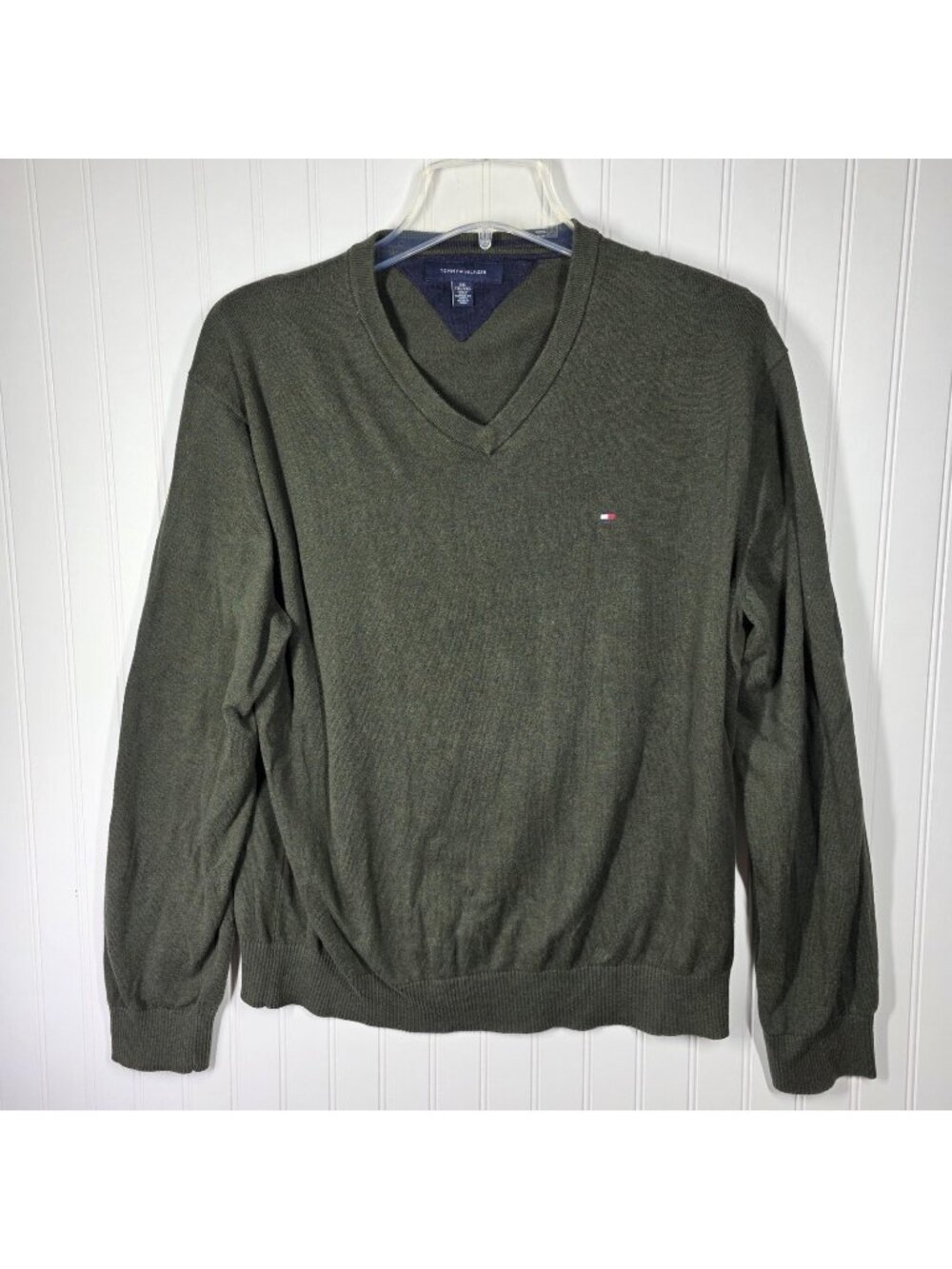 Tommy Hilfiger Sweater Men 2XL Green Cotton V Neck Pullover Preppy Office Casual